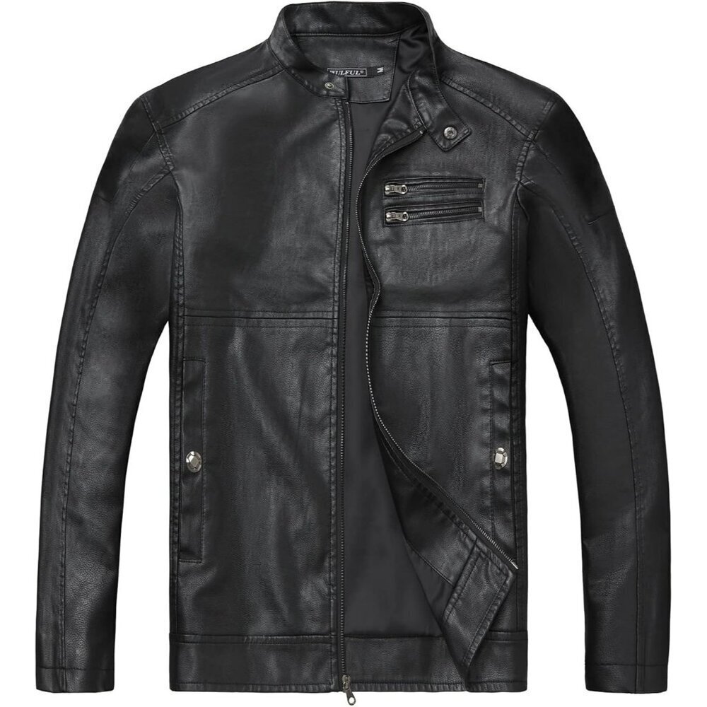 🆕 Men Black Stand Collar Leather Jacket Motorcycle Lightweight Faux Outwear